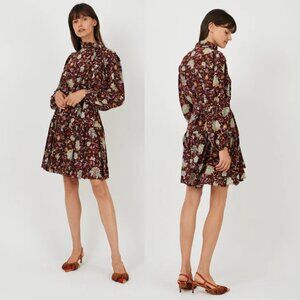 NWT Ulla Johnson Lula Mini Dress in Heliotrope Silk Floral High Neck Long Sleeve
